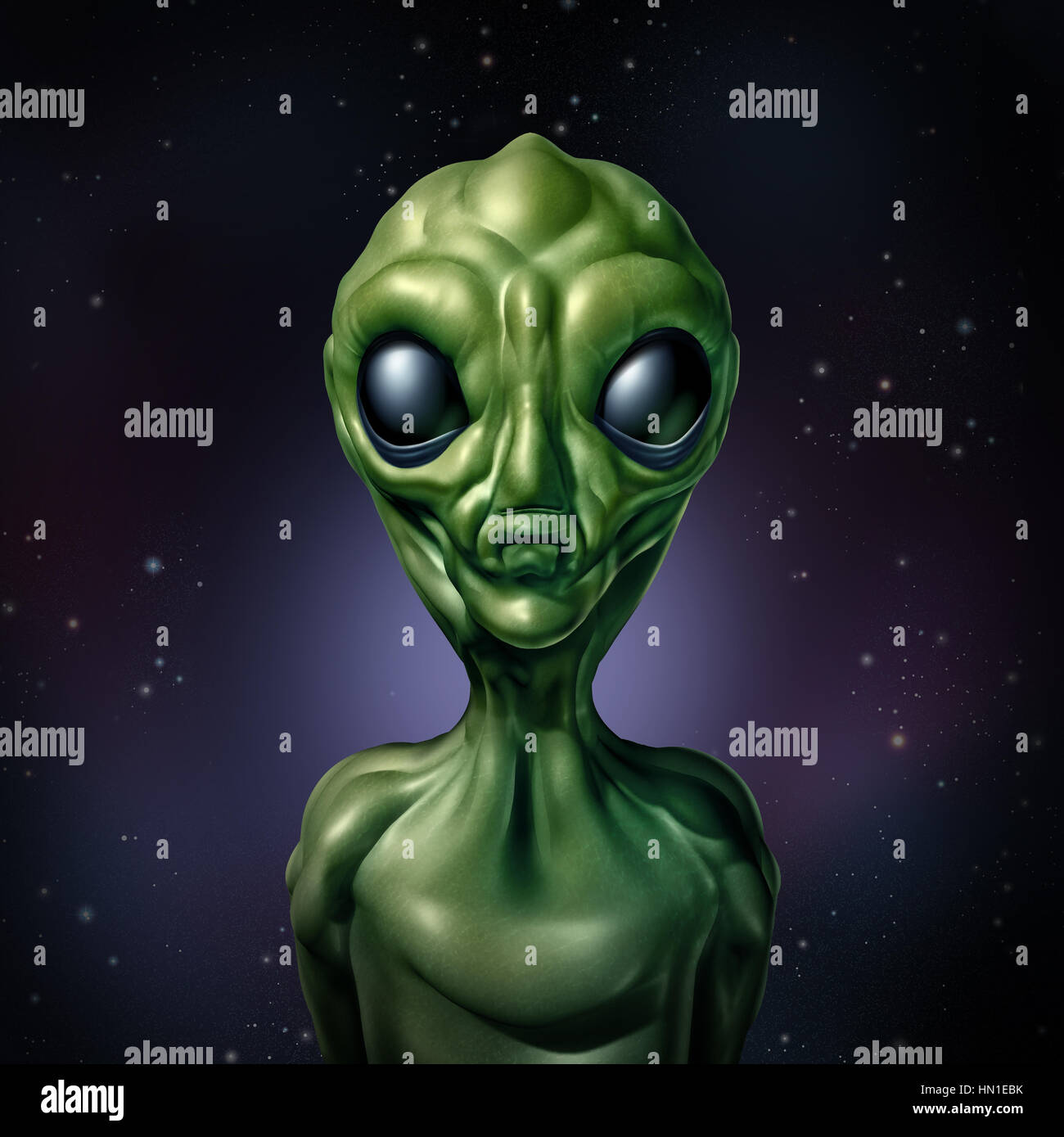 Alien UFO character and extraterrestrial humanoid green creature sightings concept as a symbol for the search for intelligent life in the universe. Stock Photo