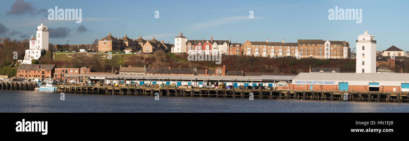 Panoramic view of North Shields fish quay and old lighthouses, north east England, UK Stock Photo