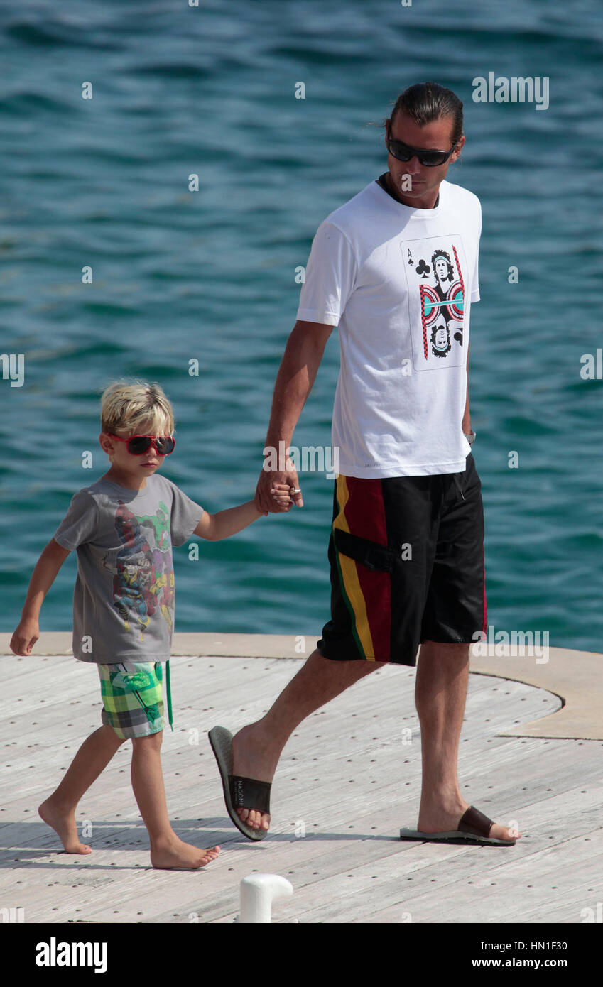 Gavin Rossdale and son, Kingston walk on the dock at the Hotel Du Cap in Antibes, France on May 18, 2011. Photo by Francis Specker Stock Photo