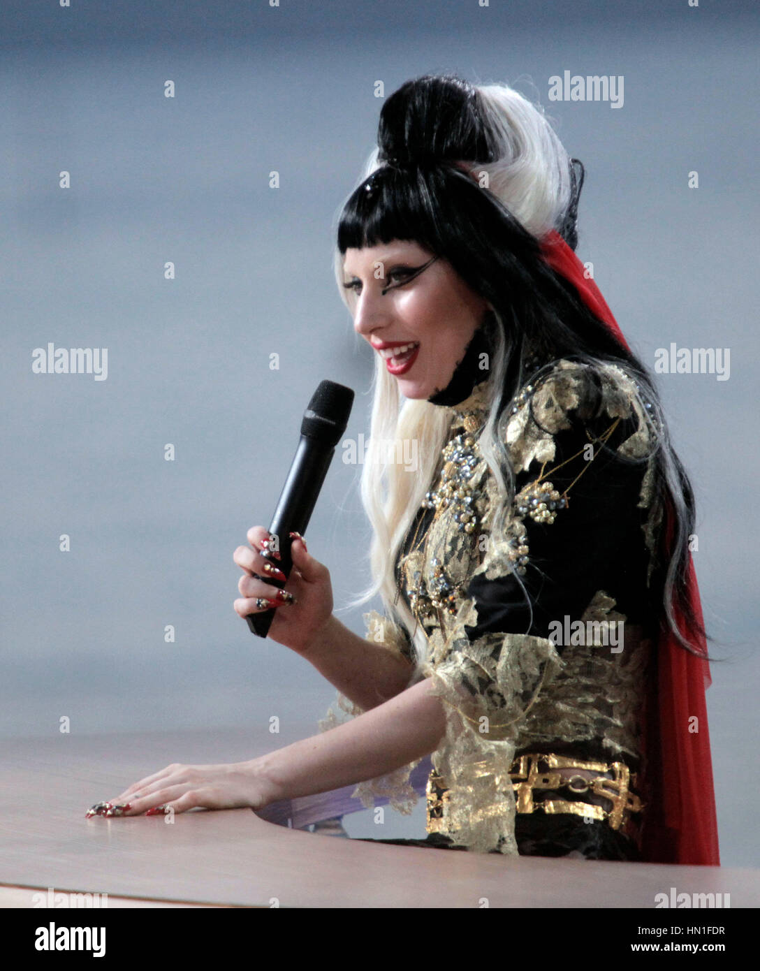 Lady Gaga performs during a television interview with French TV's Canal + Le Grand Journal at the Cannes Film Festival in Cannes, France on May 11, 2011. Photo by Francis Specker Stock Photo
