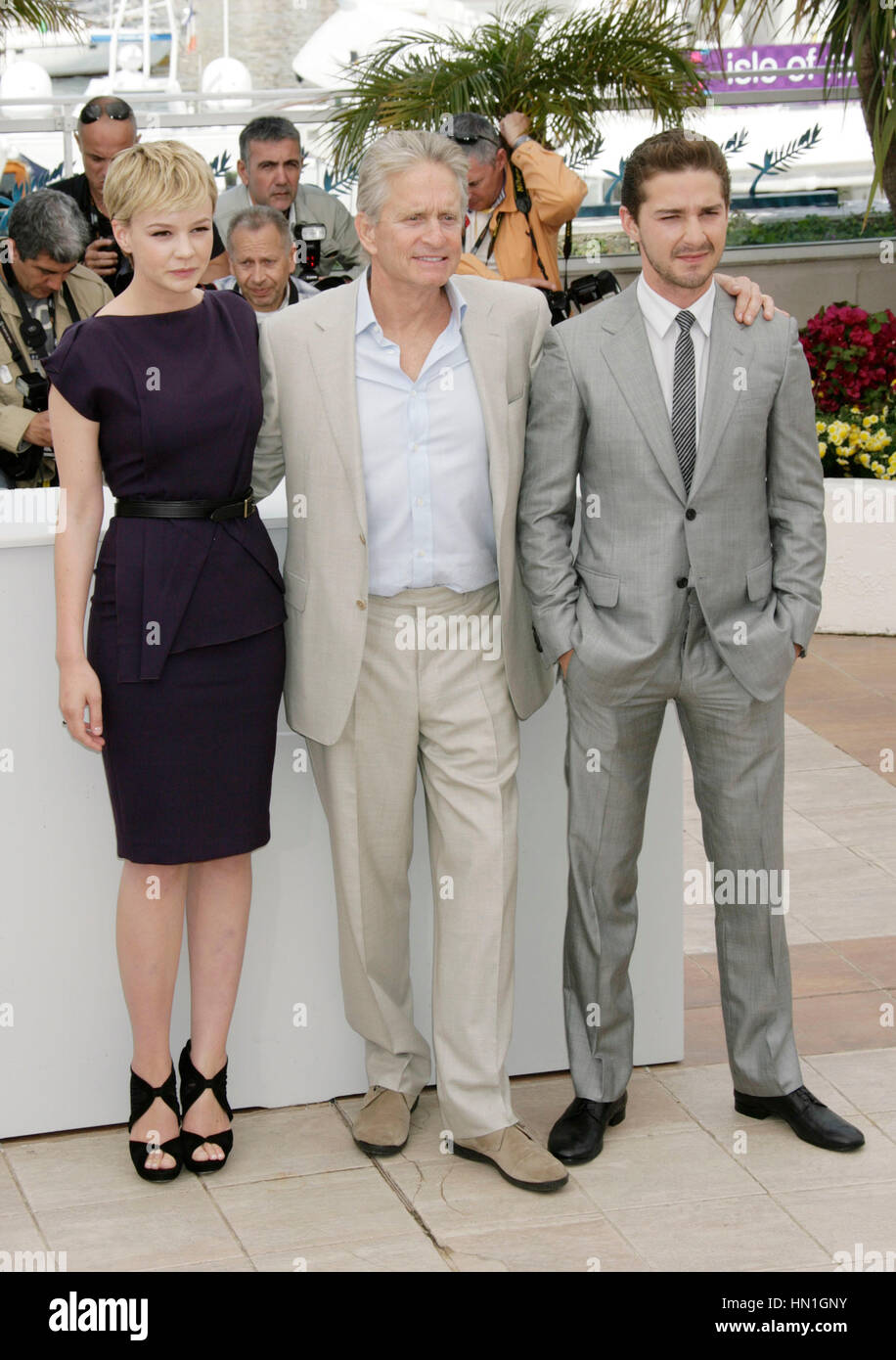 From left,Carey Mulligan,  Michael Douglas, and Shia LaBeouf at the photocall for the film 'Wall Street: Money Never Sleeps', at the 63rd Cannes Film Festival in Cannes, France on May 14, 2010. Photo by Francis Specker Stock Photo