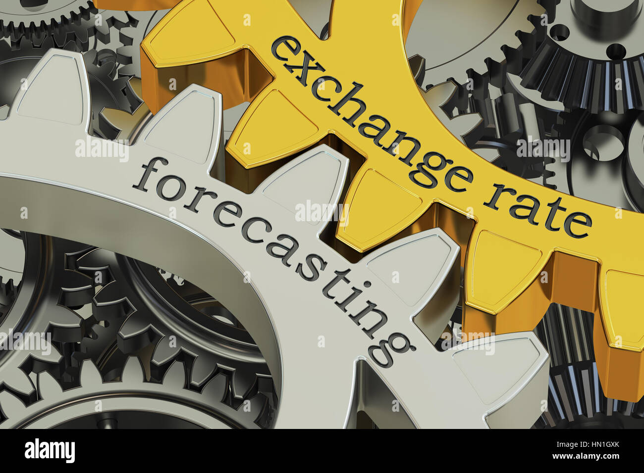 exchange rate forecasting concept on the gearwheels, 3D rendering Stock Photo