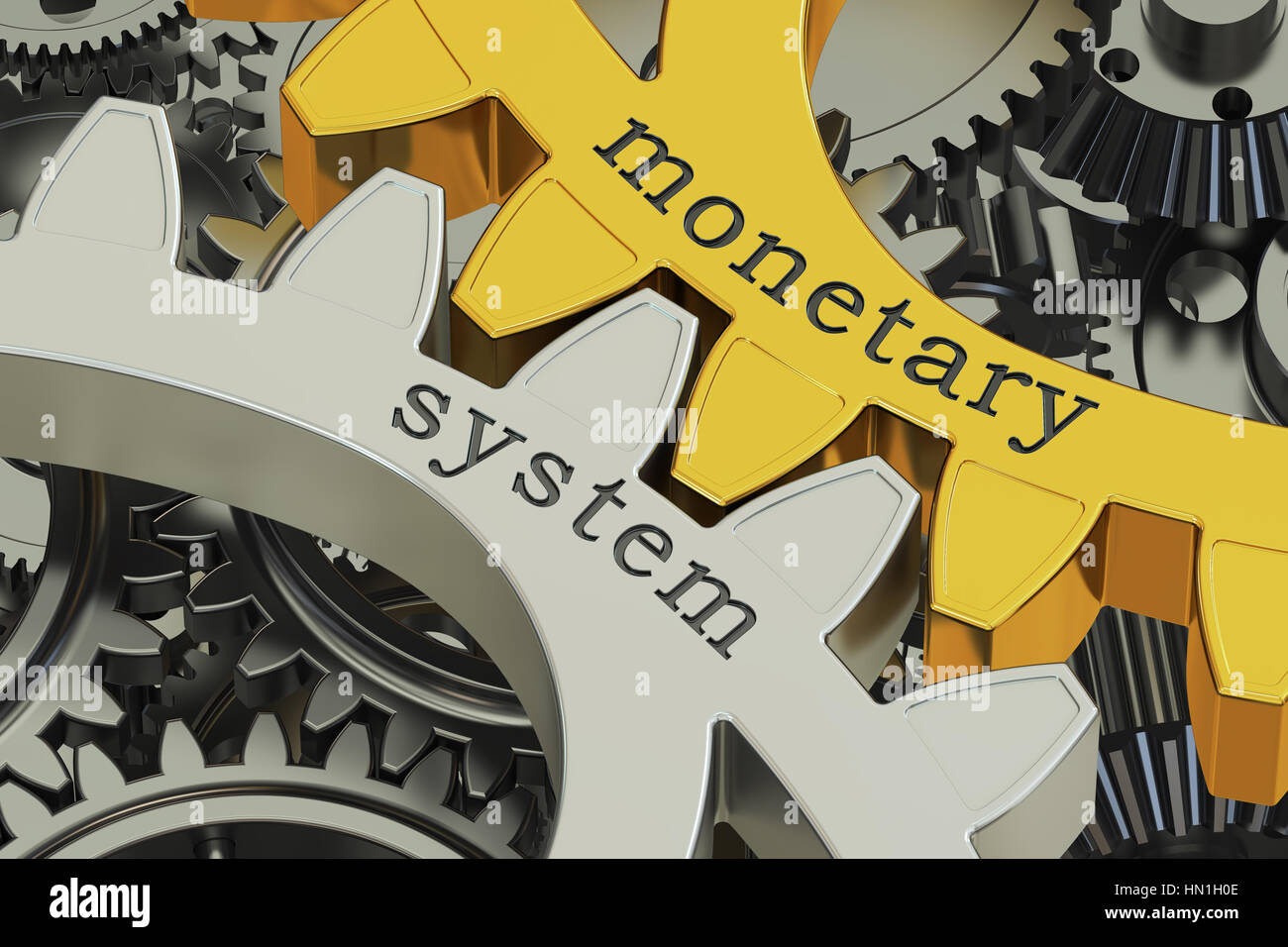 monetary system concept on the gearwheels, 3D rendering Stock Photo