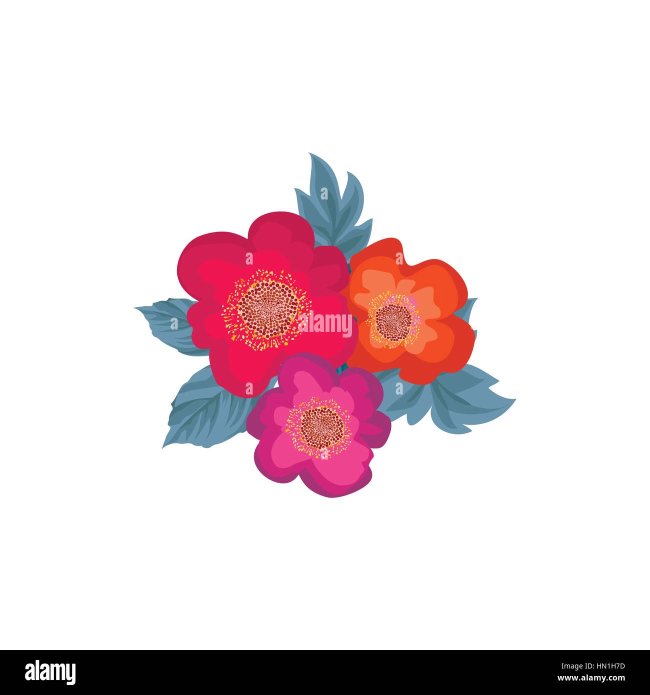 Flower posy for festive pattern design. Floral bouquet isolated over white background. Flowers with leaves design element for flourish greeting card Stock Vector