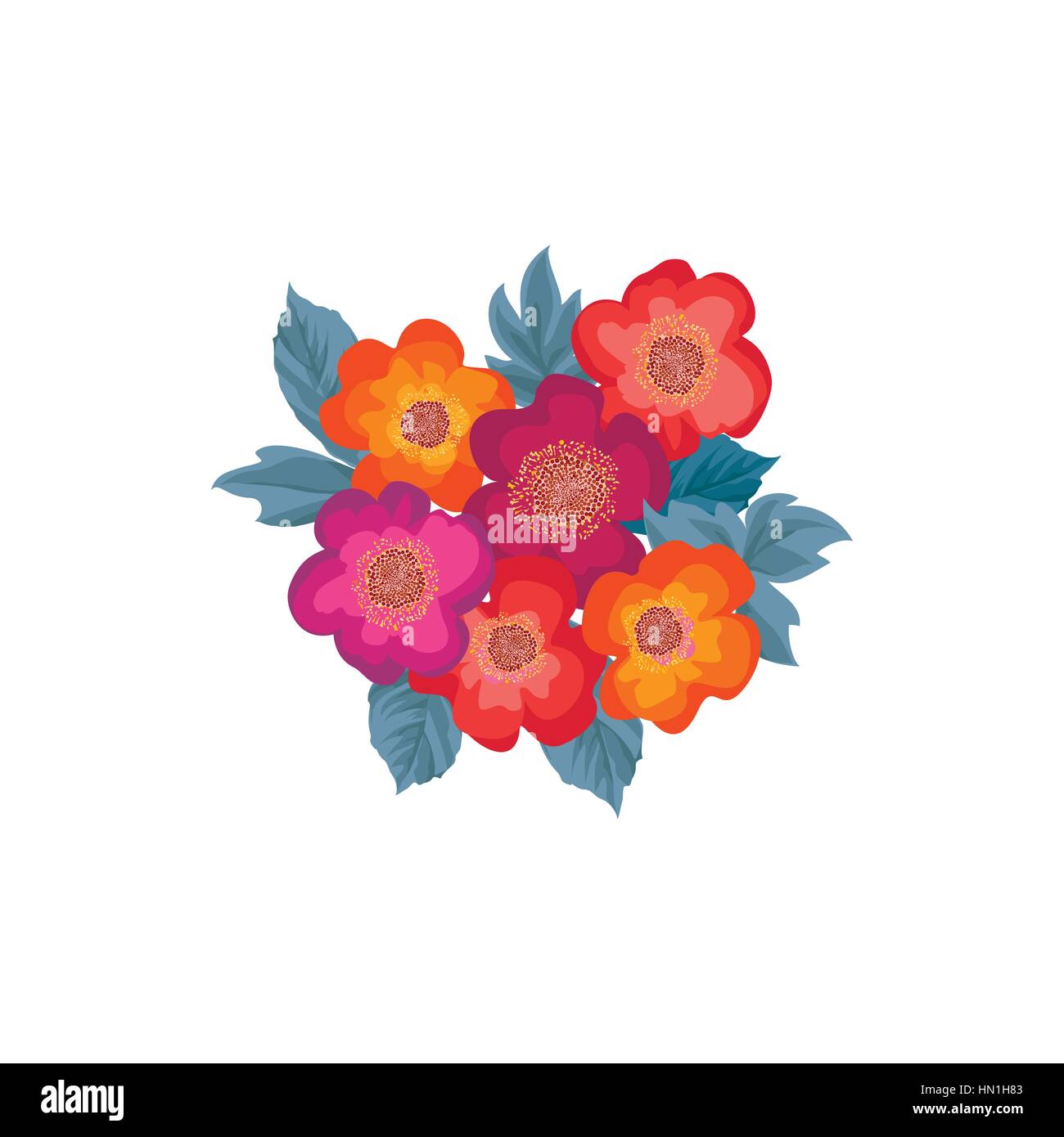 Flower posy for festive pattern design. Floral bouquet isolated over white background. Flowers with leaves design element for flourish greeting card Stock Vector