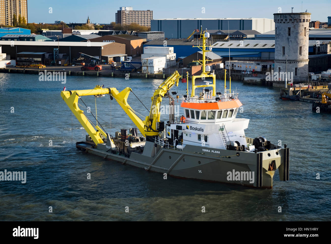 Boskalis dredger boat Terra Plana in Portsmouth Harbpur Stock Photo