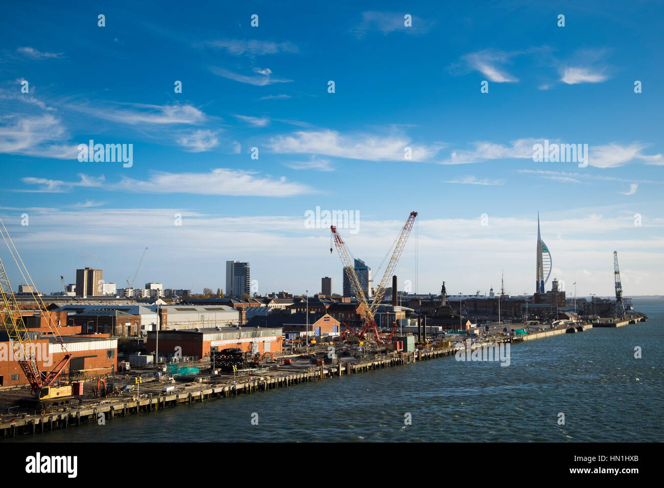Portsmouth historic dockyard from the sea Stock Photo