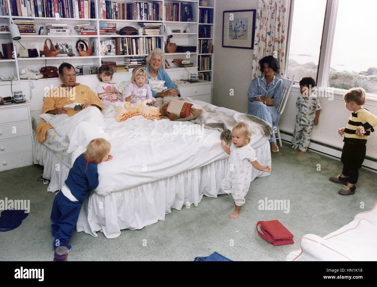 GEORGE H.W. BUSH as US Vice President with wife Barbara and their children at their summer home in Kennebunkport, Maine, about 1985. Photo: David Valdez/White House Stock Photo