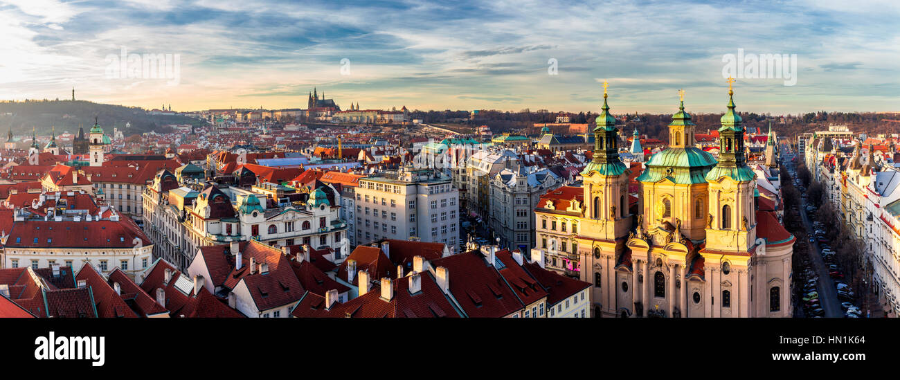 Old Town of Prague, Czech Republic. View on Tyn Church and Jan Hus Memorial on the square as seen from Old Town City Hall Stock Photo