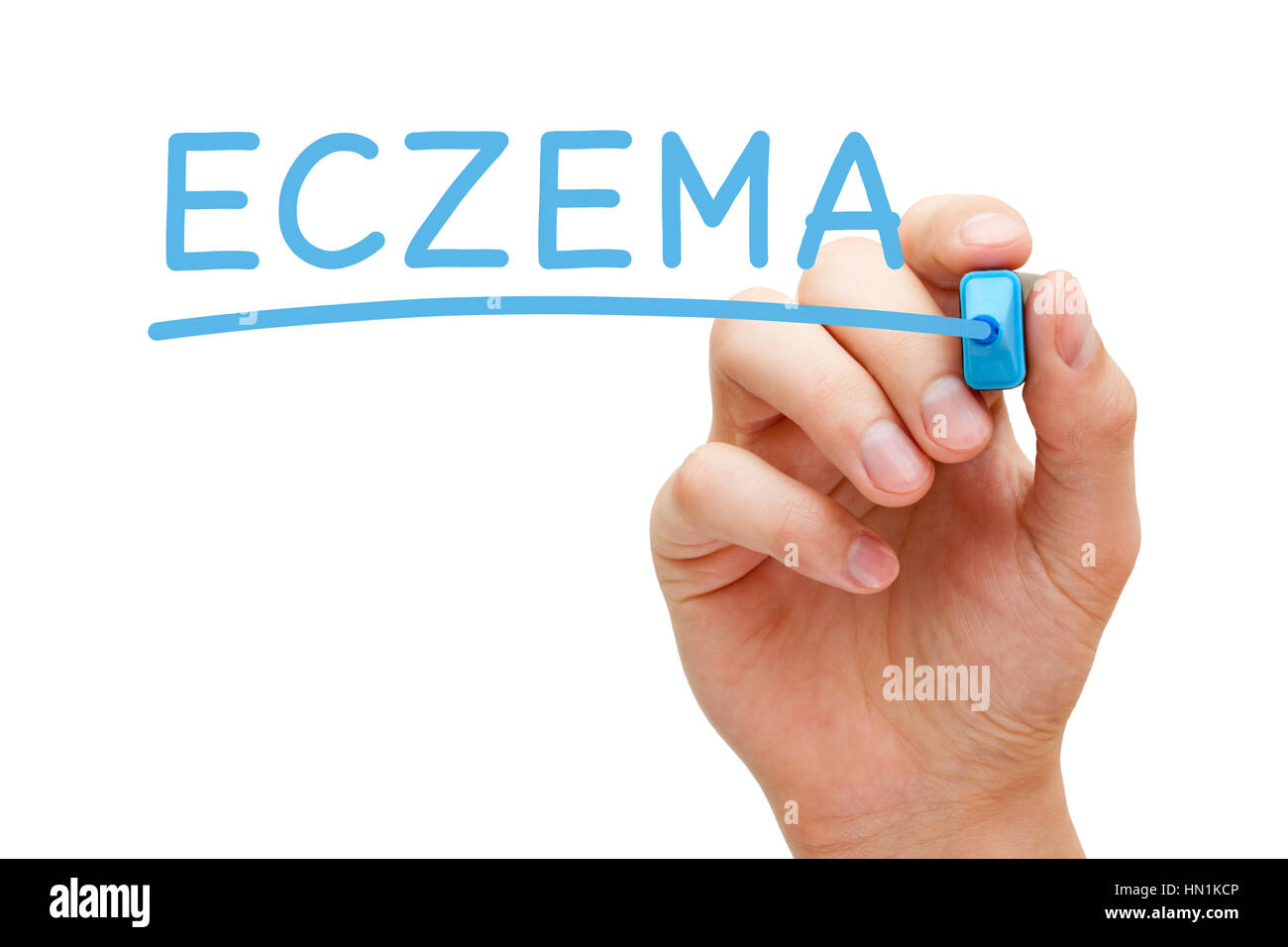 Hand writing Eczema with blue marker on transparent glass board. Stock Photo