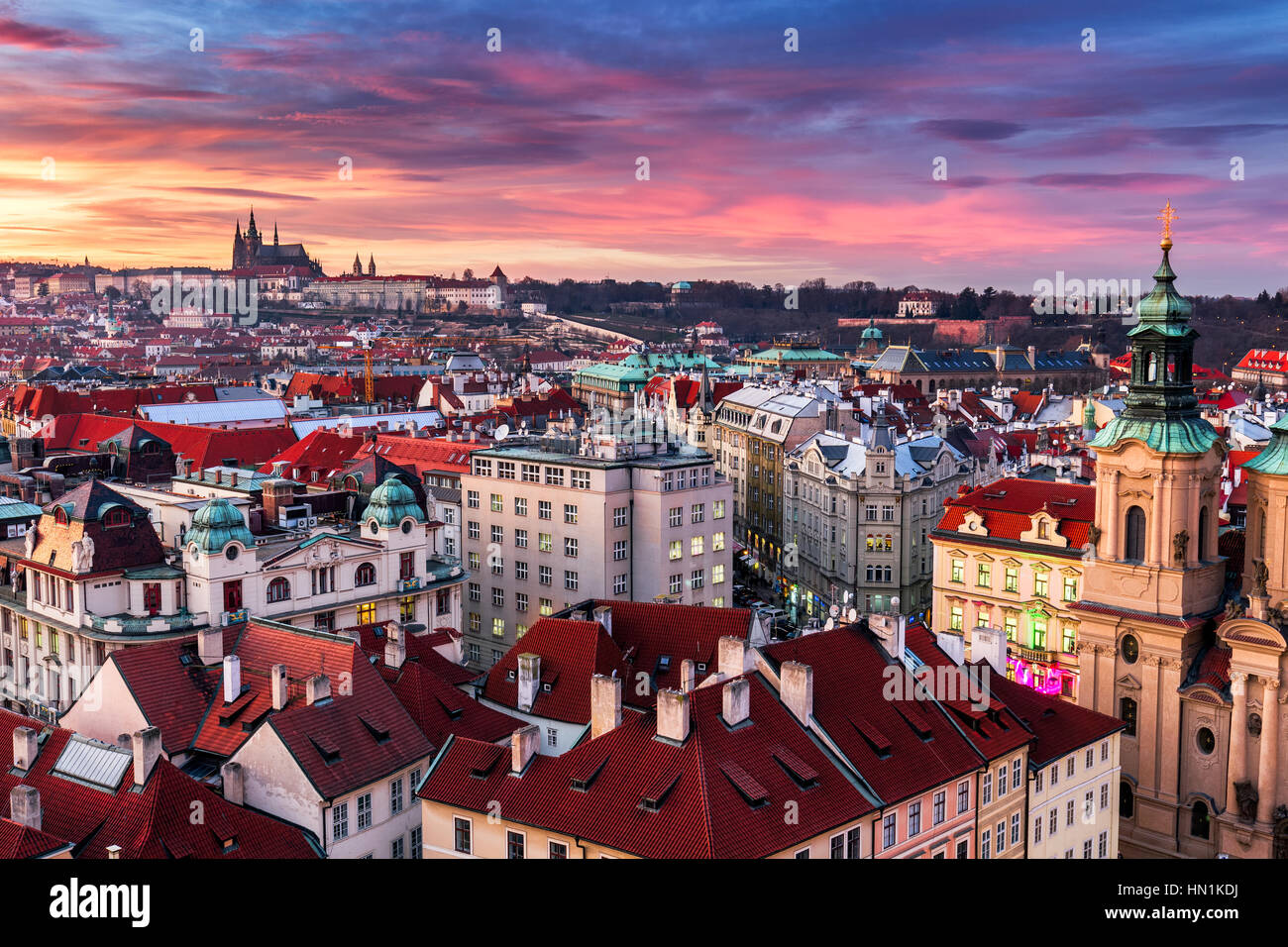Amazing sunset and sky and fantastic view of the Old town square and ...