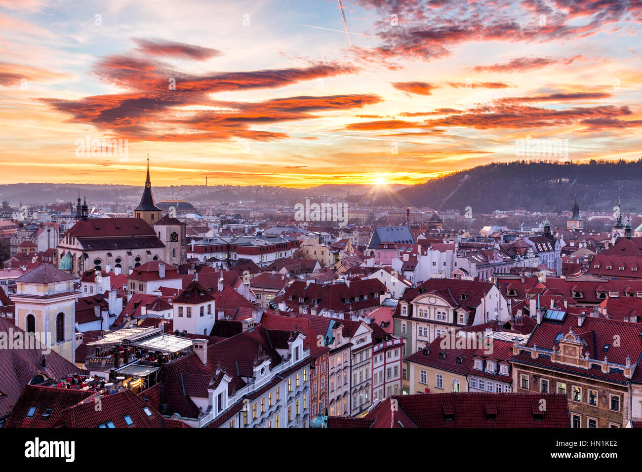 Most mystical and mysterious city in Europe. Prague through the eyes of birds with magnificent sunset and sky Stock Photo