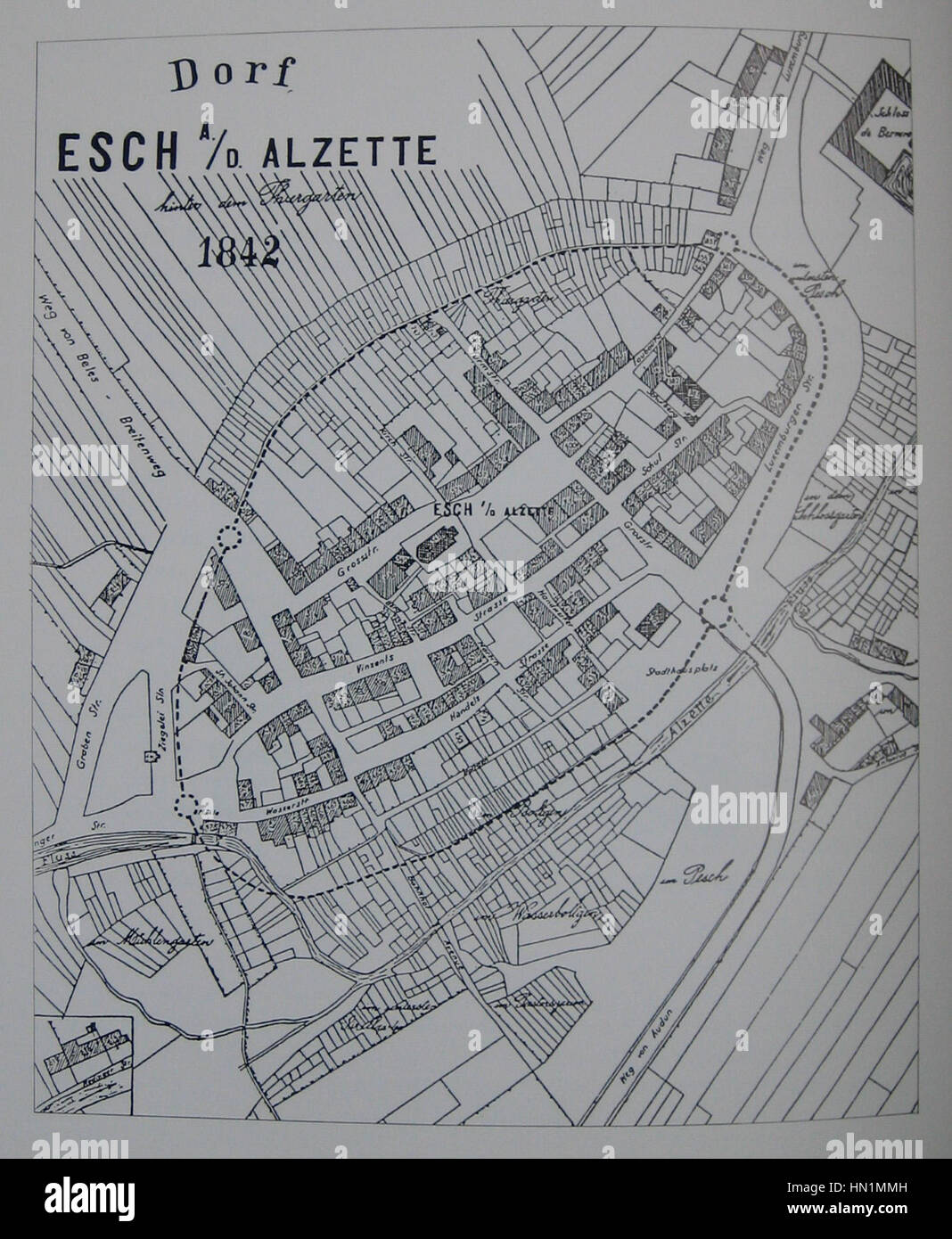 Map Esch-sur-Alzette 1842 Stock Photo