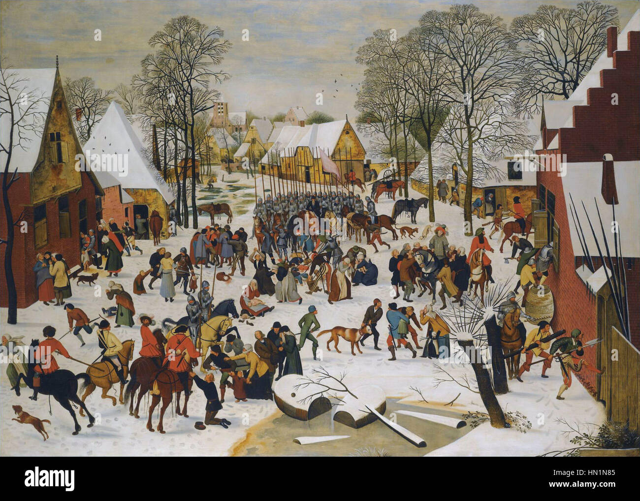 Pieter Brueghel the Younger’s 'Massacre of the Innocents' depicts the tragic biblical event of King Herod’s order to kill all male infants in Bethlehem, illustrating both horror and human suffering. Stock Photo