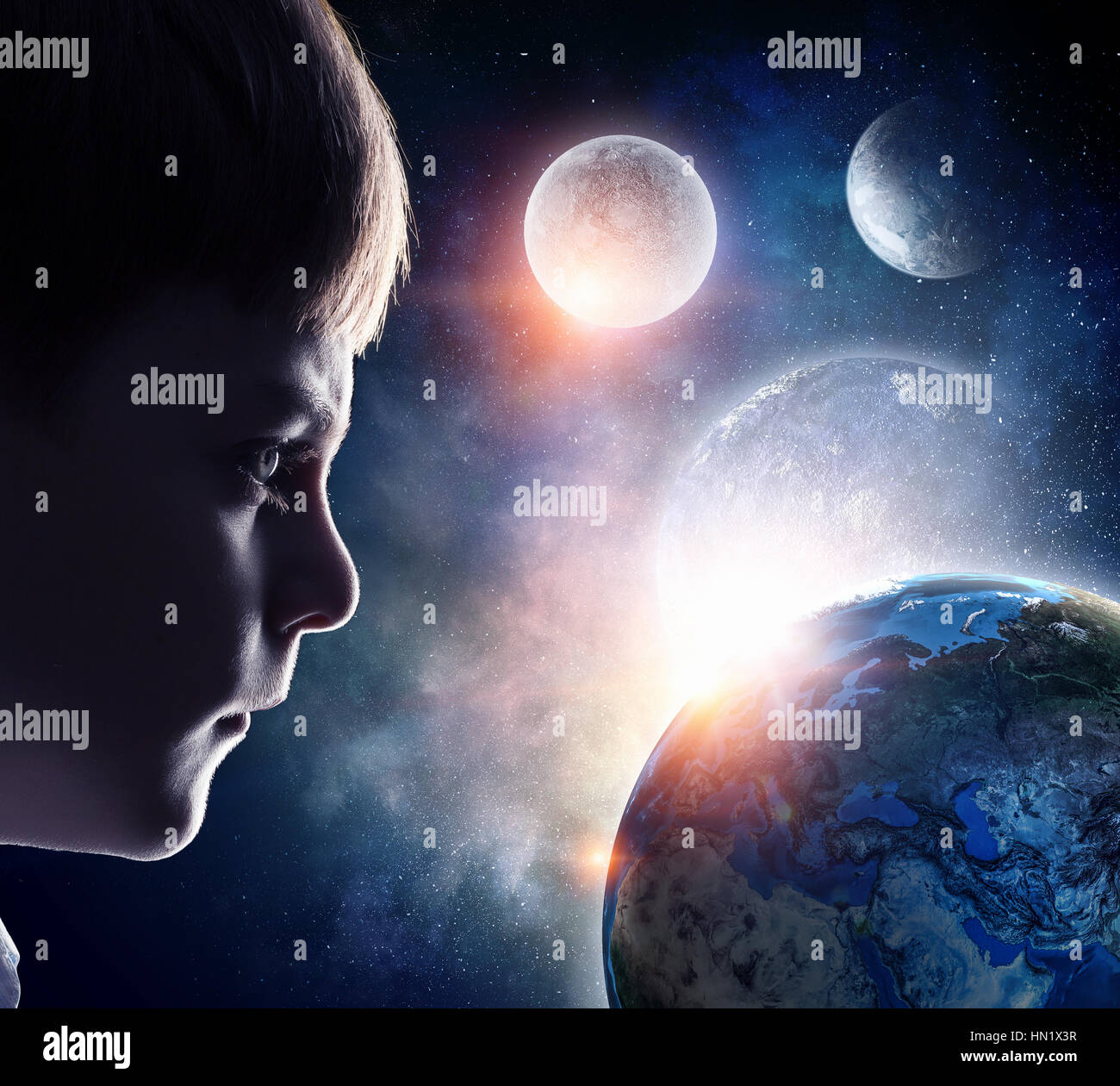 Profile image of cute boy and night sky background Stock Photo - Alamy