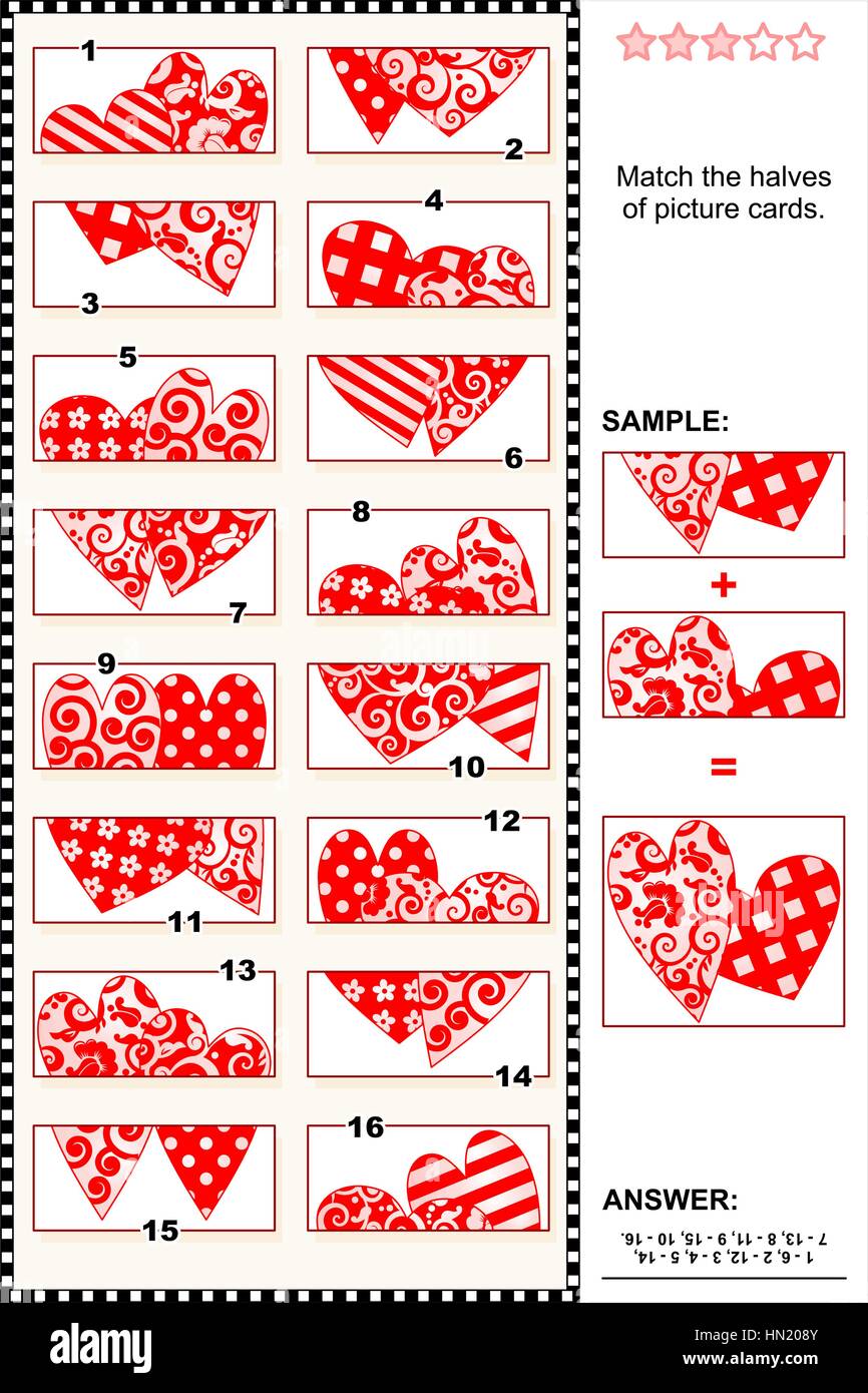 Valentine's Day visual puzzle - match the halves - hearts. Vector and high res JPEG. Stock Vector