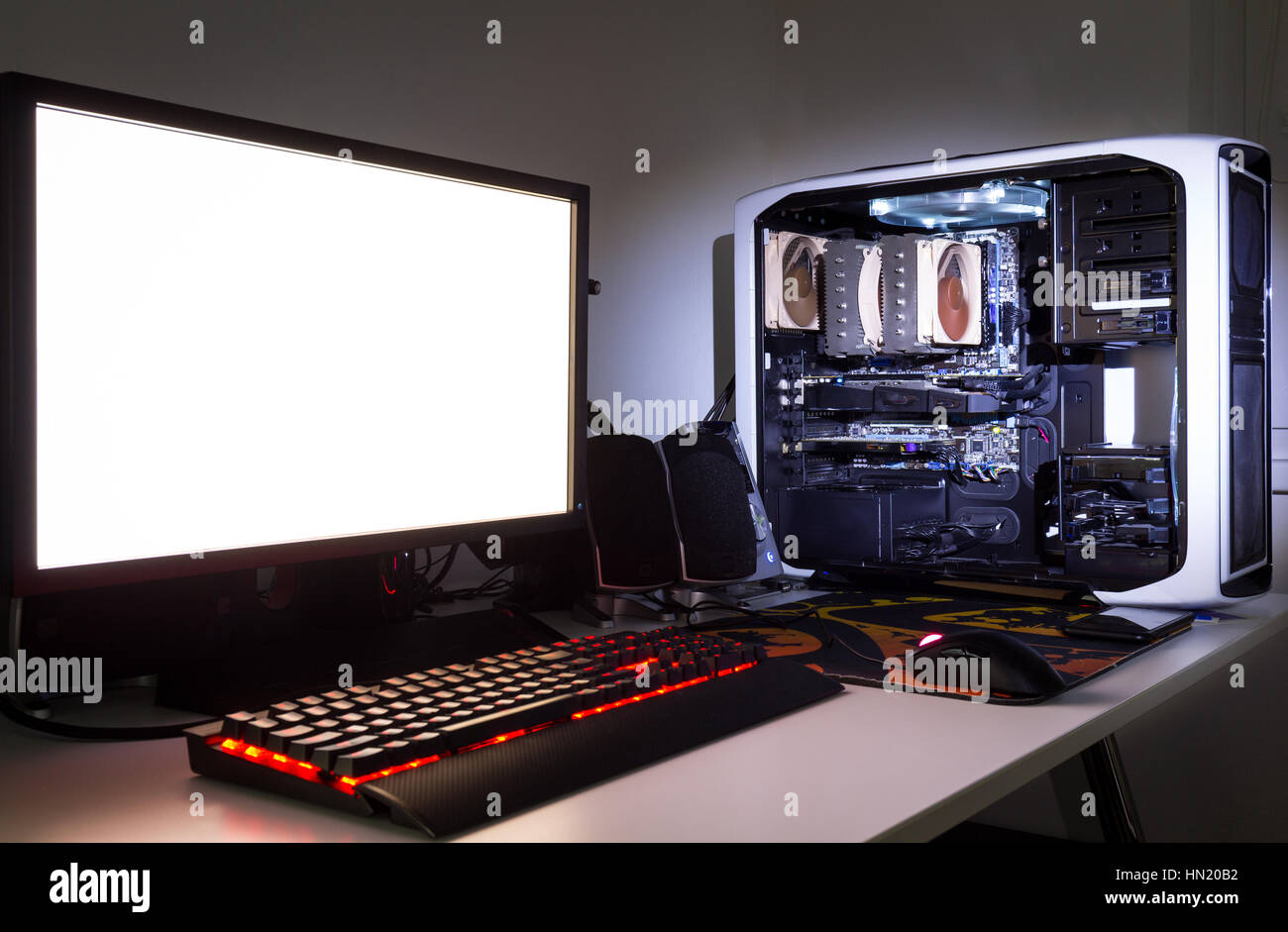 White Desk Setup with a Custom PC