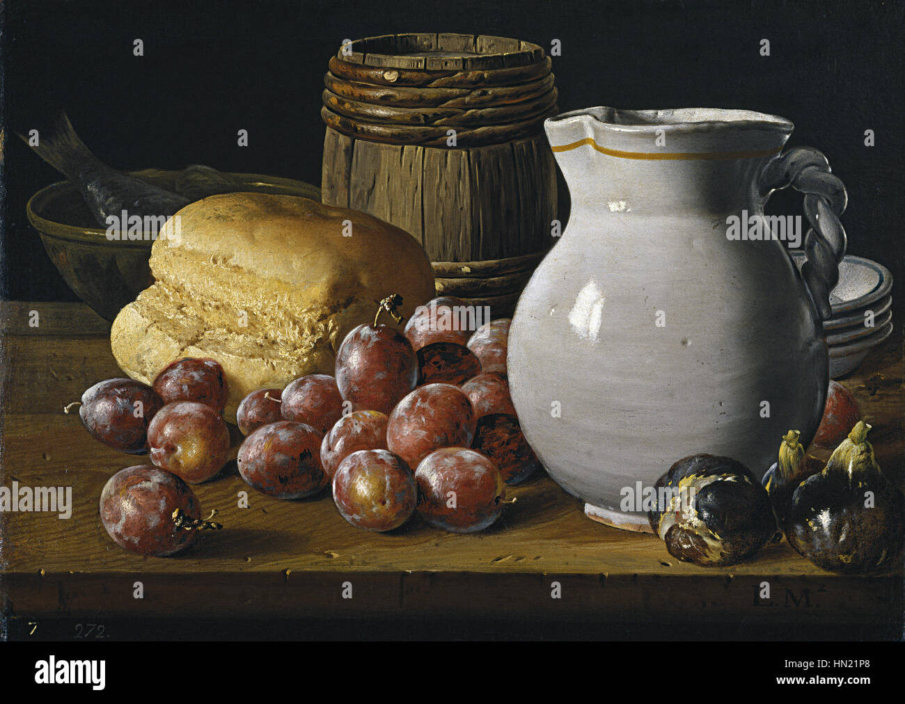 Natura morta amb prunes, figues i pa Stock Photo