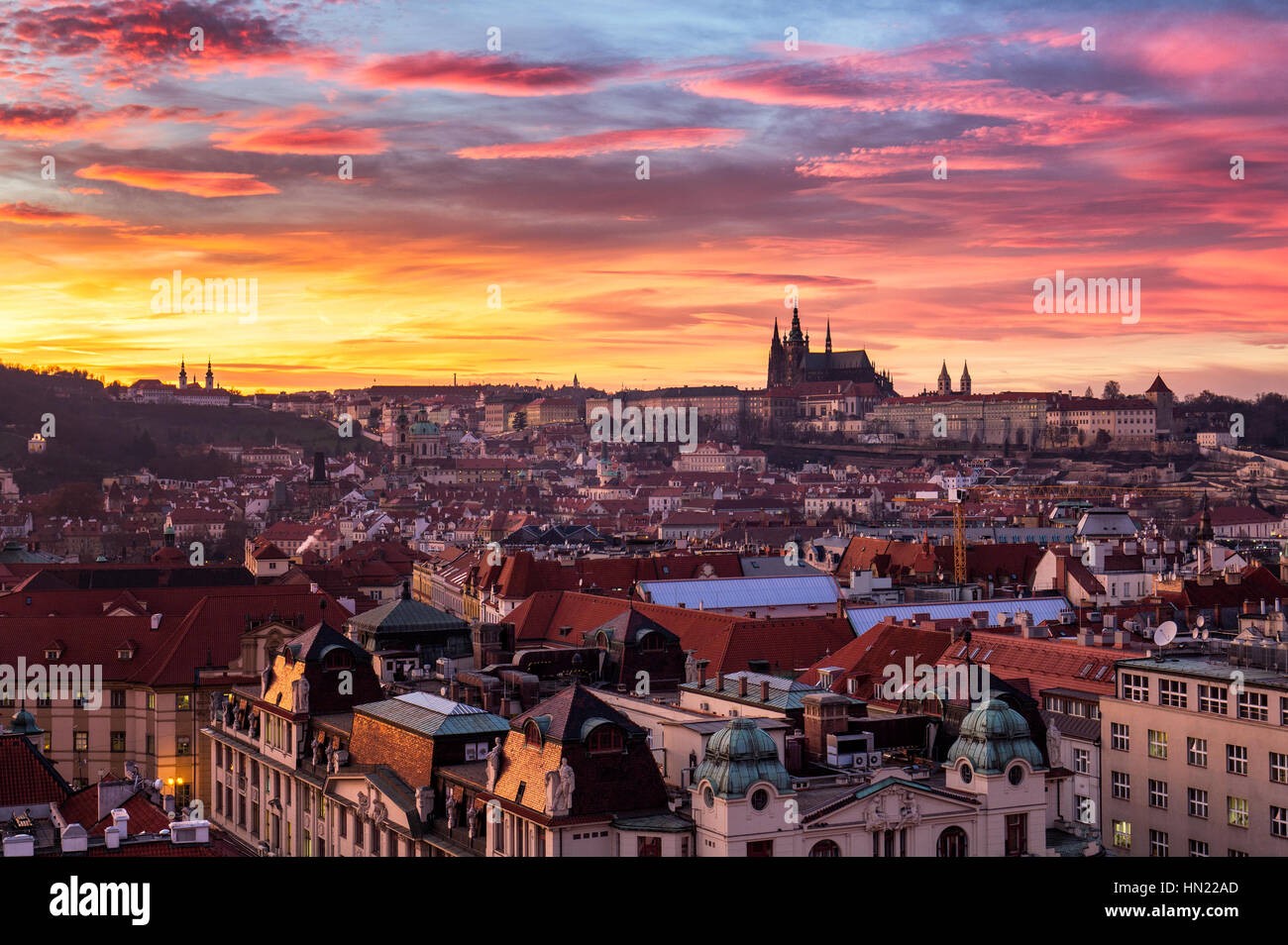 Most mystical and mysterious city in Europe. Prague through the eyes of birds with magnificent sunset and sky Stock Photo