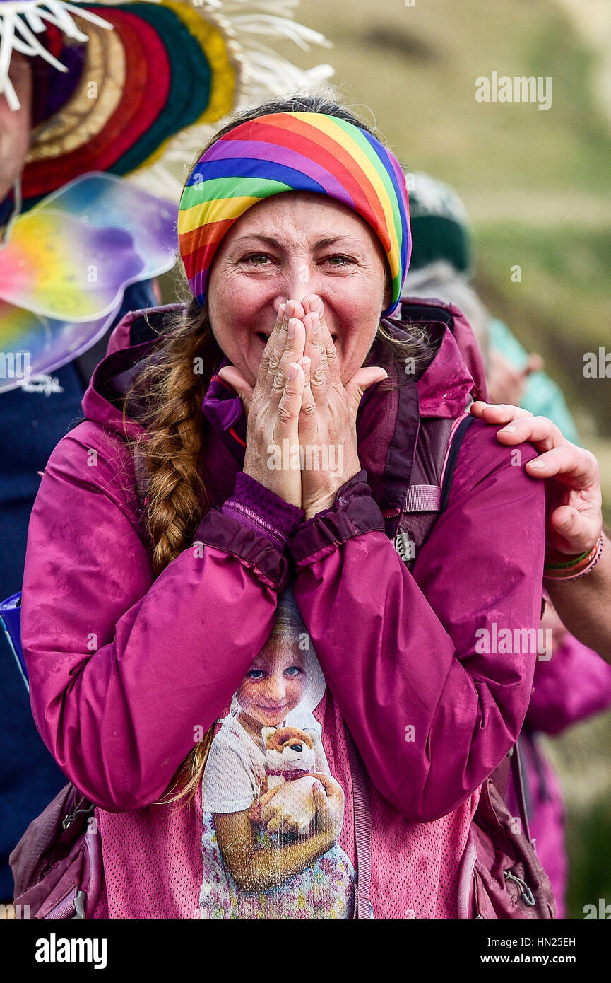 Natalia Spencer, 41, reacts as she realises she has finally finished her 6,000 mile walk around the coast of Britain at Durdle Door in Dorset. The grieving mother undertook the epic walk in memory of her five-year-old daughter Elizabeth who died at Bristol Children's Hospital last year. Stock Photo
