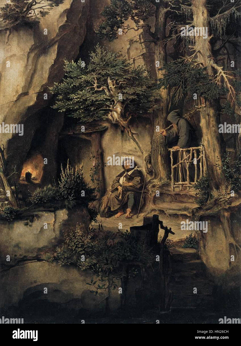 Moritz von Schwind's painting 'A Player with a Hermit' depicts an allegorical scene from German romanticism, focusing on the interaction between a player and a hermit in a fantastical landscape. The work reflects the artist's use of folklore and fantasy themes to explore human nature and the quest for wisdom. Stock Photo