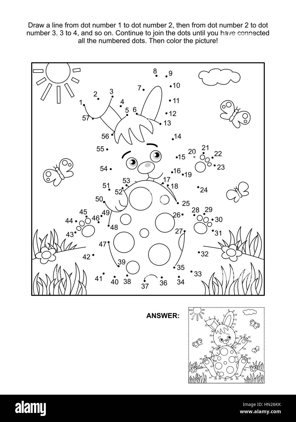 Dot-to-dot and coloring page with bunny and egg. Vector and high res JPEG. Stock Vector