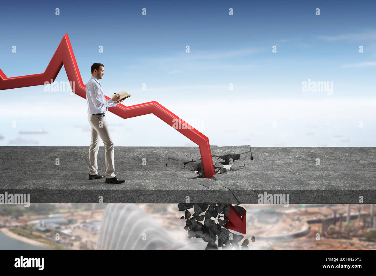 Businessman looking down at the falling red arrow destroying concrete ...