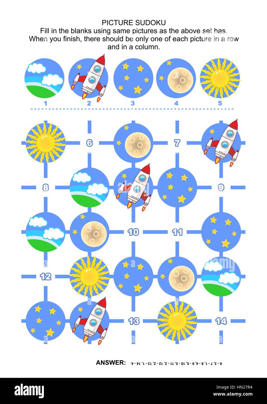 Picture sudoku puzzle 5x5 (one block) with spaceship, Earth, sun, moon