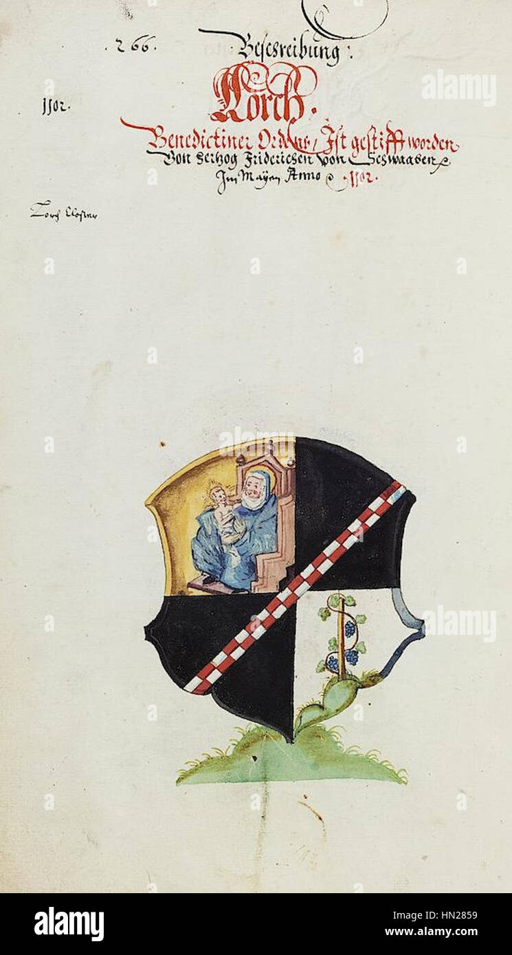 The Lorch wappen refers to the heraldic symbol of the town of Lorch in Germany. This coat of arms represents the town's historical identity and its significance within the region. Stock Photo