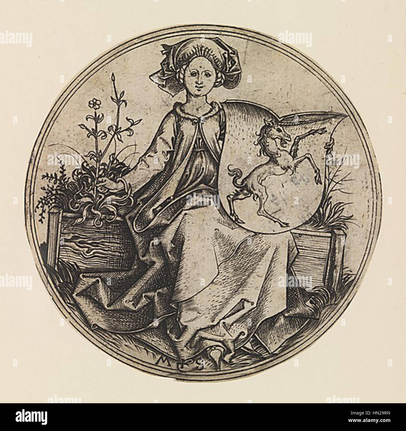 Martin Schongauer - Wappenschild mit Einhorn, von einer jungen Frau gehalten (L 96) Stock Photo