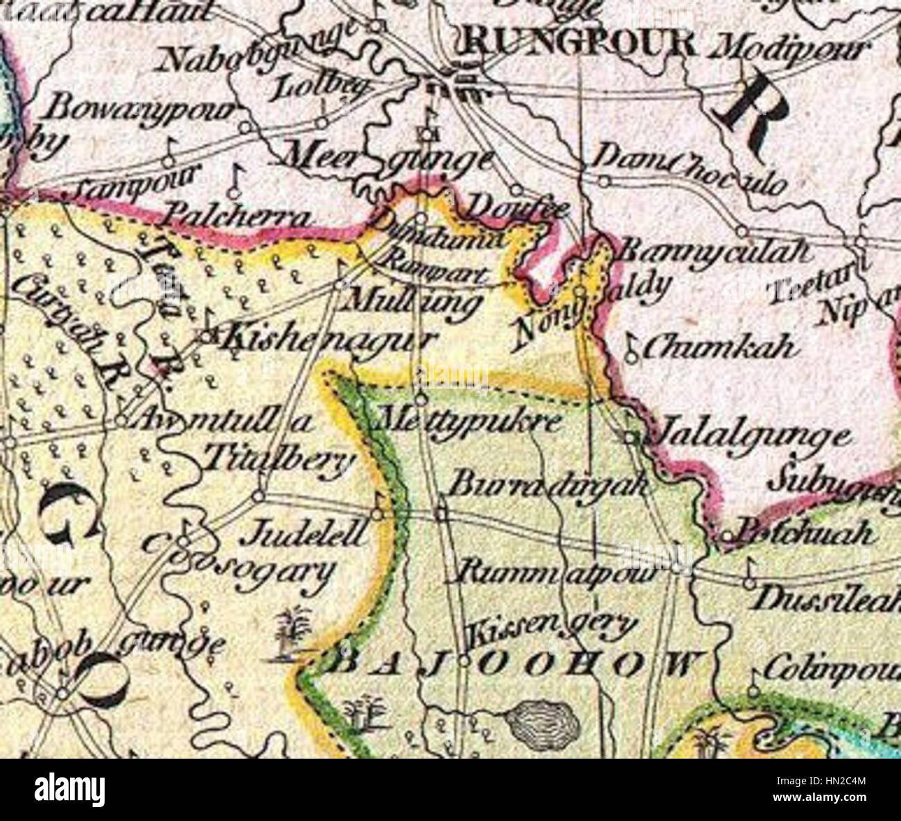 Mithapukur in the Dury Wall Map of Bihar and Bengal, India Stock Photo
