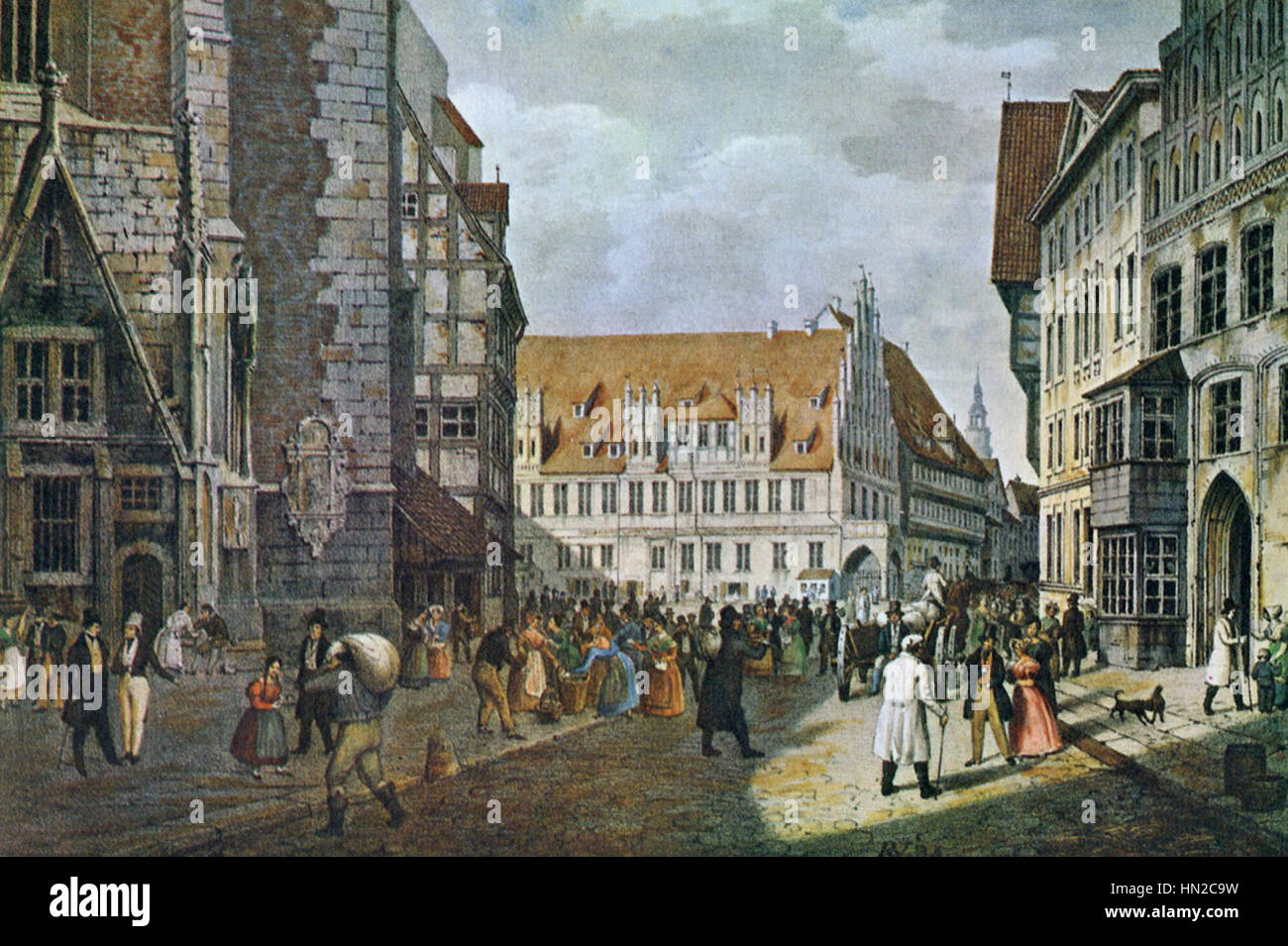 Marktplatz Hannover. Farbige Lithographie von Rudolph Wiegmann 1834 Stock Photo