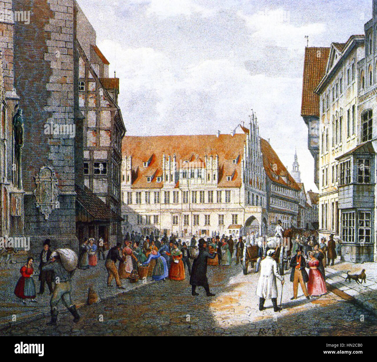 Marktplatz Hannover. Seitlich beschnittene farbige Lithographie von Rudolph Wiegmann 1834 Stock Photo