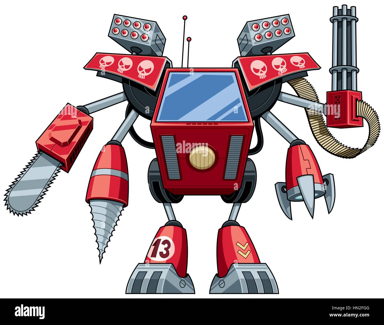 Red robot in full battle gear. Stock Vector