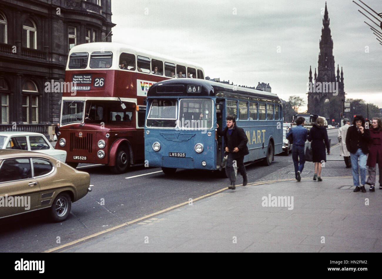 Edinburgh, UK 1973 Vintage image of buses in traffic on Princes