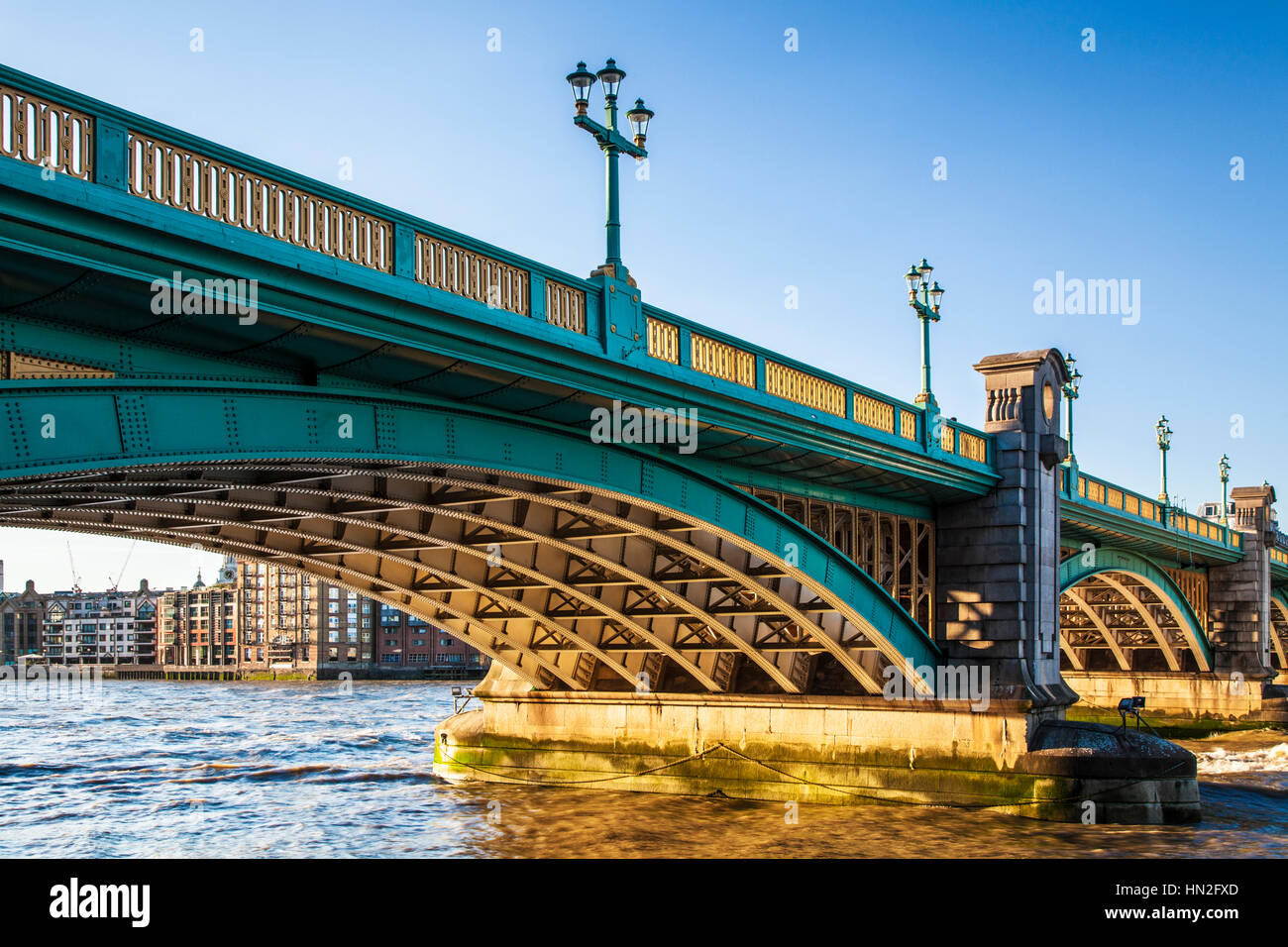 Evening on the River Thames at Southwark Bridge in London. Stock Photo