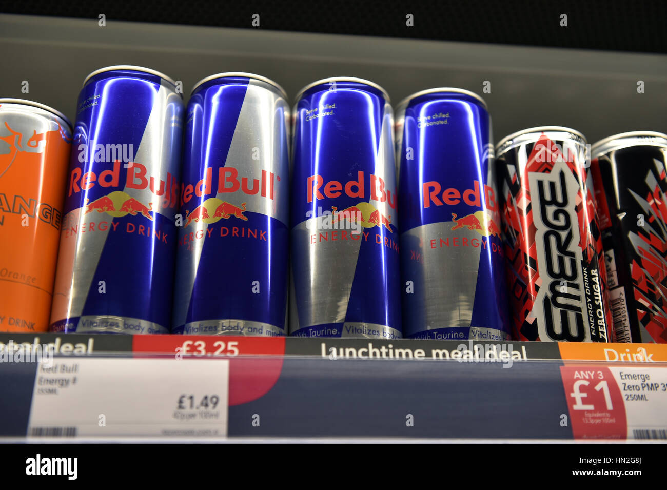 Red Bull energy drinks supermarket shelf, UK Stock Photo