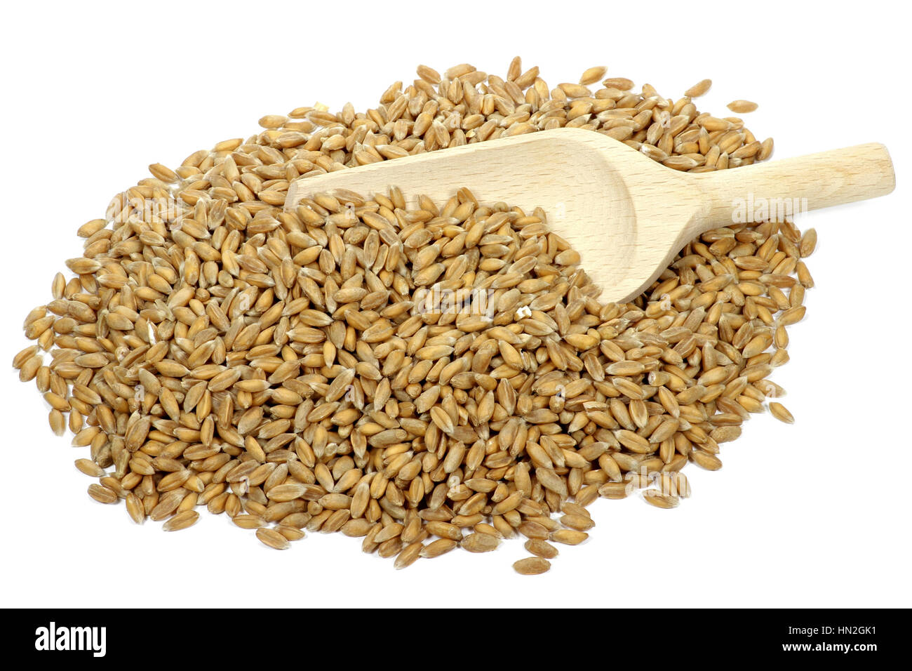 wooden spoon with spelt grains isolated on white background Stock Photo