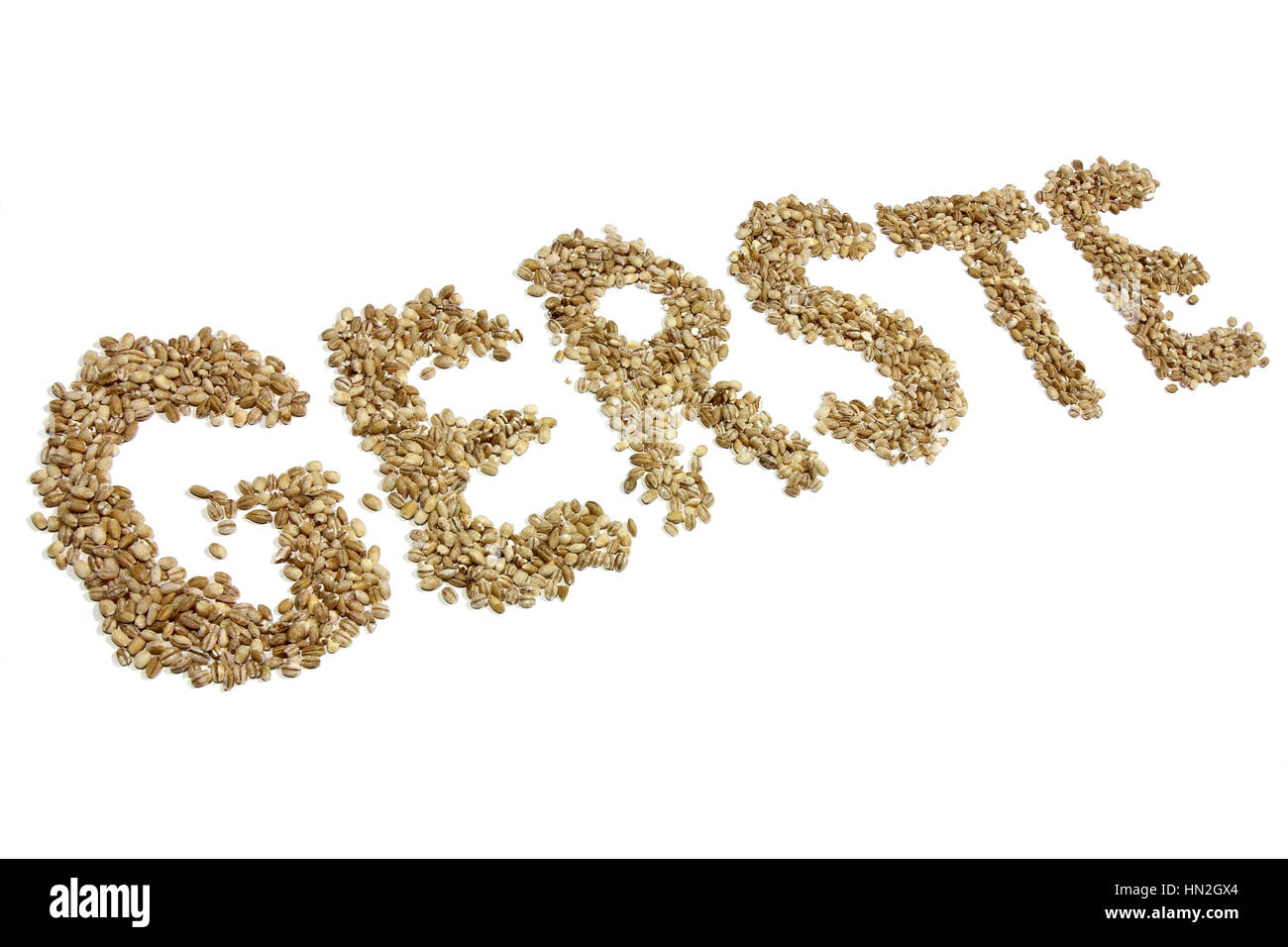 GERSTE (barley in German language) written with barley grains isolated on white background Stock Photo