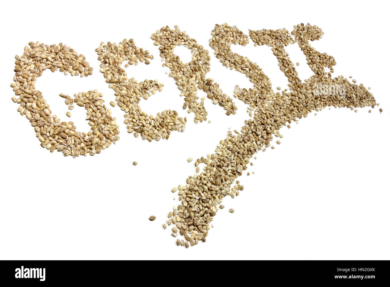 GERSTE (barley in German language) written with barley grains isolated on white background Stock Photo