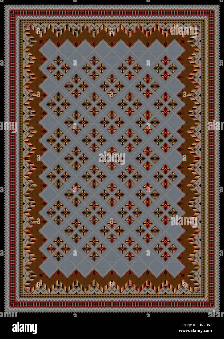 luxurious vintage oriental rug with original pattern in brown and blue