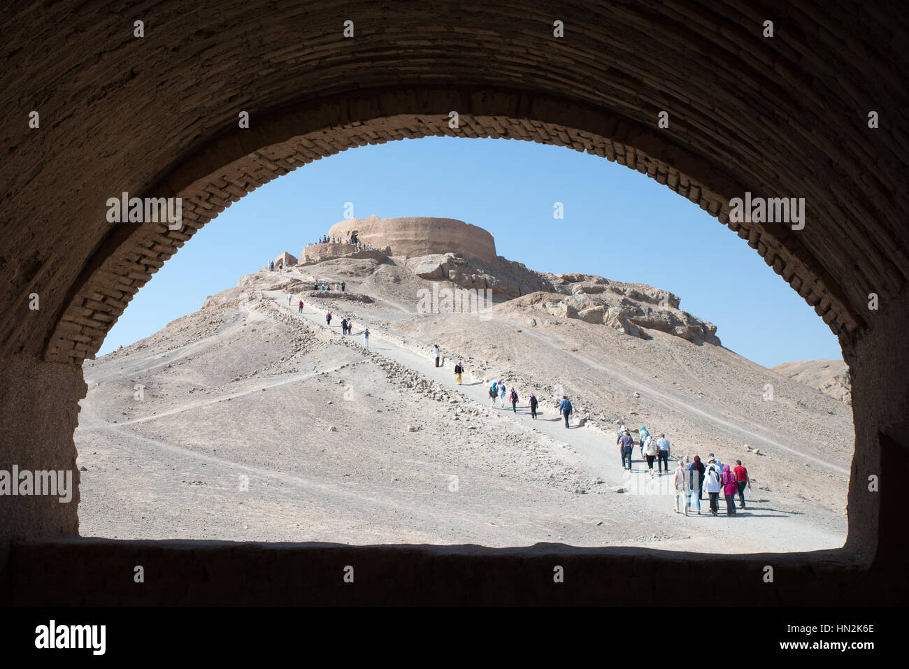 Tourists at Zoroastrian Towers of Silence, Yazd, Iran Stock Photo