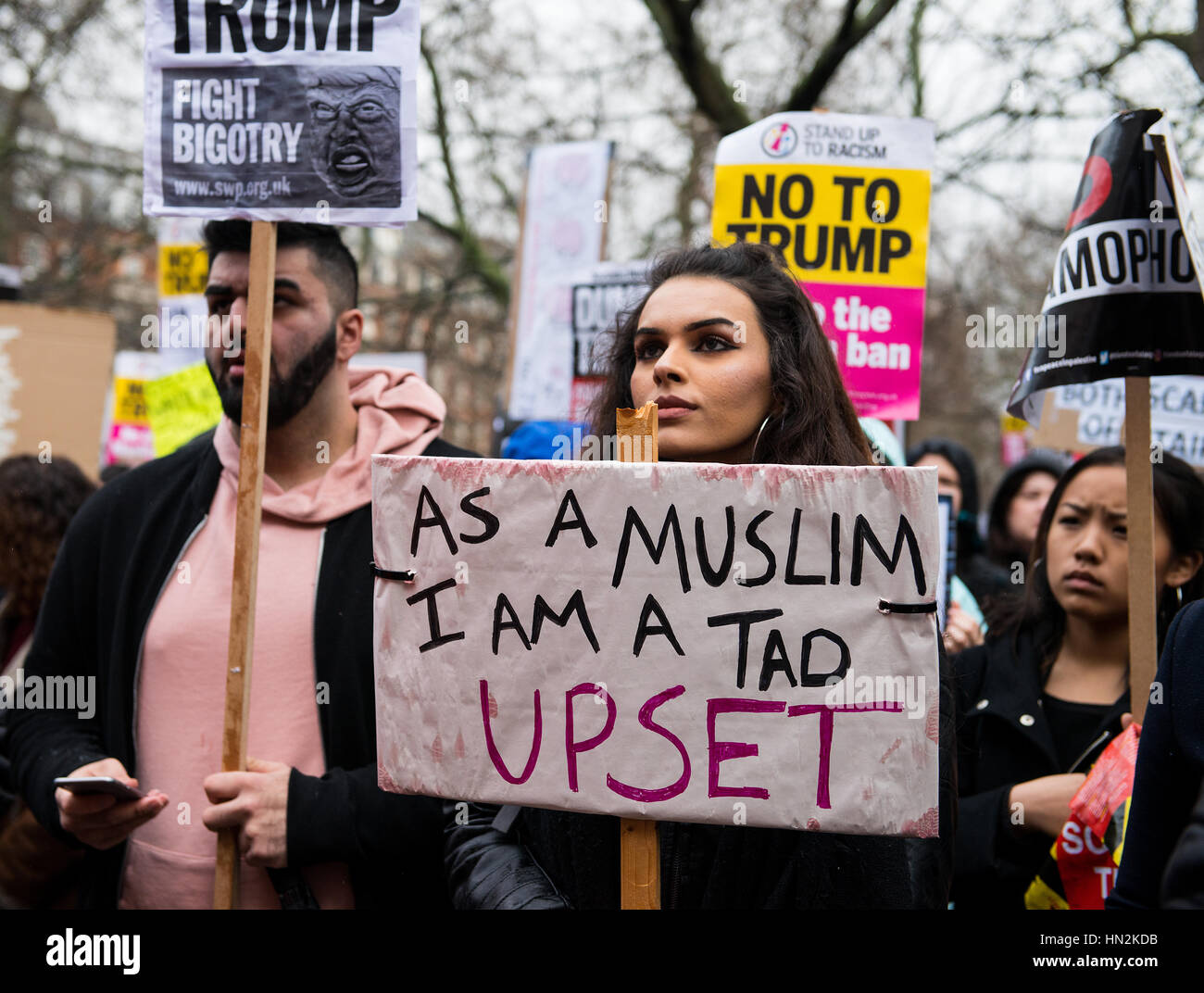 London, UK. 4th February 2017. Stop Trump's Muslim Ban rally - Thousands march through London in protest of President Donald Trump's muslim travel ban Stock Photo