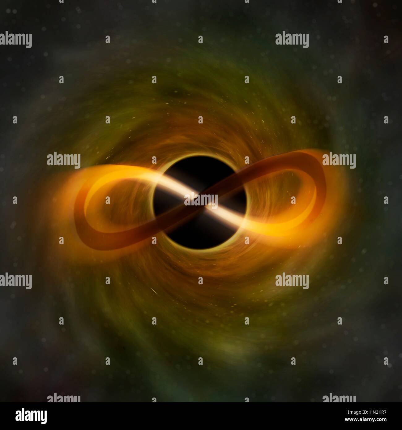 Infinity loop seen against a cosmic background representing a black hole. This symbol represents the mathematical concept of an infinite, unbounded, or limitless amount. Stock Photo