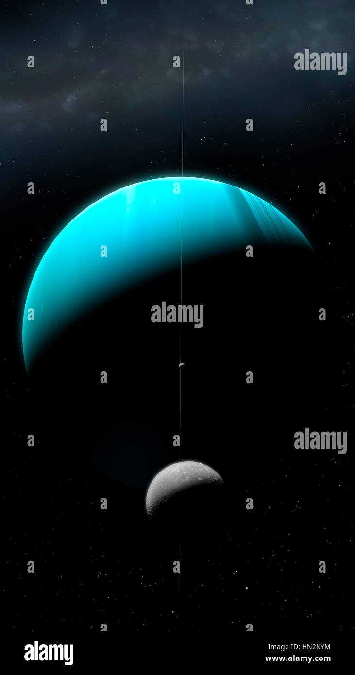 An impression of the green ice giant planet, Uranus, and its second innermost substantial moon, Ariel. Uranus is the seventh planet in order of distance from the Sun, orbiting at an average distance of 2.85 billion km. It is unusual in that it has a very pale, almost featureless atmosphere, and an axial tilt close to 100 degrees. The smaller, innermost moon, Miranda, is also seen, just below the centre of Uranus. Stock Photo
