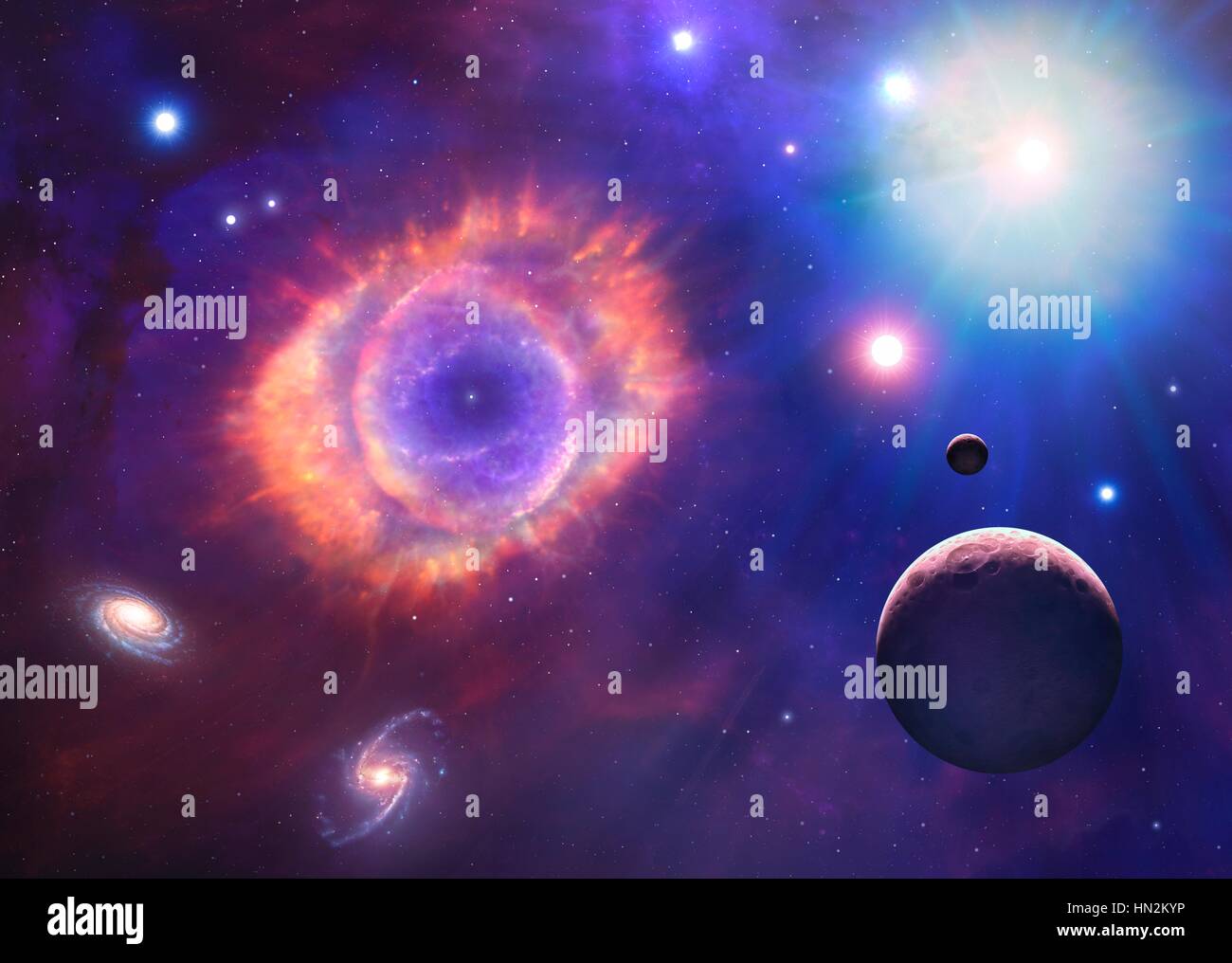 This is a conceptual illustration representing space and astronomy in general. It shows the various objects that can be found in the Universe: planets, moons, stars, nebulae and galaxies. The centrepiece is a planetary nebula the cast-off remains of a dying star. Stock Photo