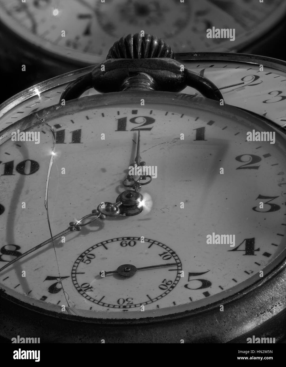 Still life monochrome macro of ancient historic old pocket watches