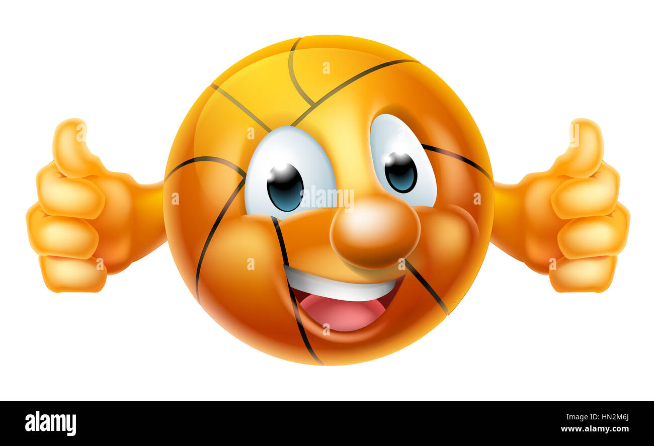 A happy cartoon basketball ball man mascot character doing a double thumbs up Stock Photo