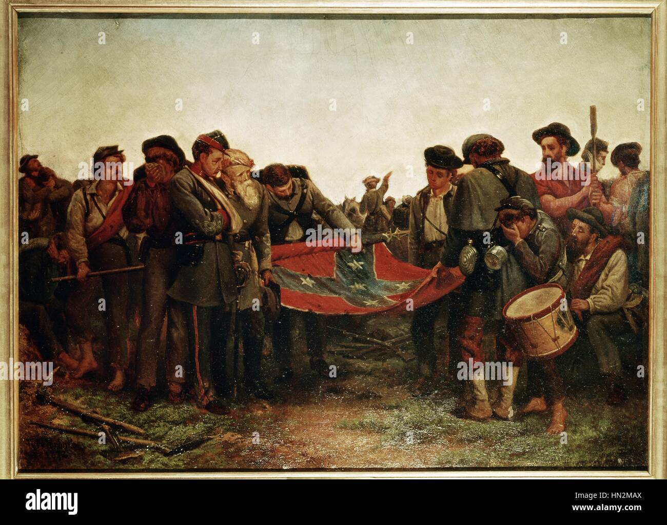 Richard Norris Brooke, Civil War. Confederate soldiers rolling up their flag after General Lee's capitulation in Appomatox (1865) 1872 United States A. McCook Craighead Collection Stock Photo