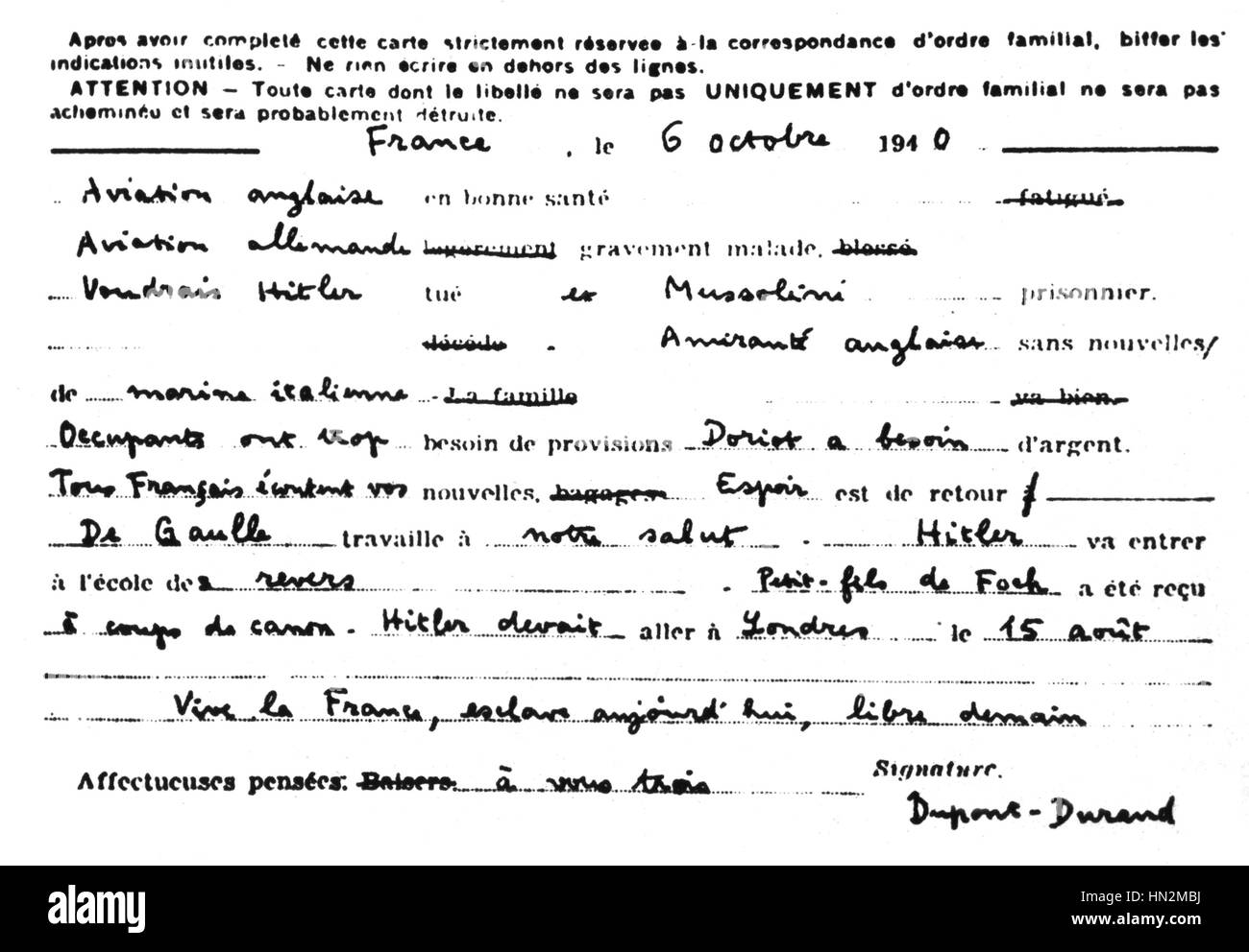 An inter-zone correspondence card October 1940 France - World War II Stock Photo